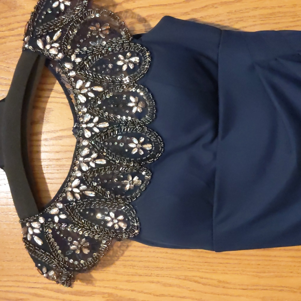 Xscape, navy blue embellished chiffon sheath dress FREE SHIPPING 24 HOURS ONLY!! - Picture 2 of 7